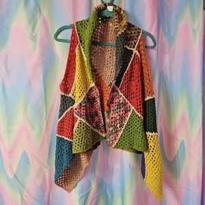Rainbow Patchwork Crochet Sleeveless Cardigan